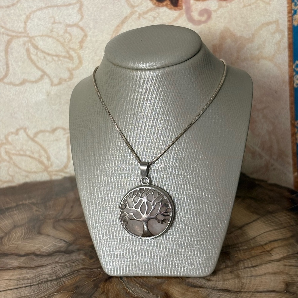 Rose Quartz Silver Tree of Life Pendant Necklace
